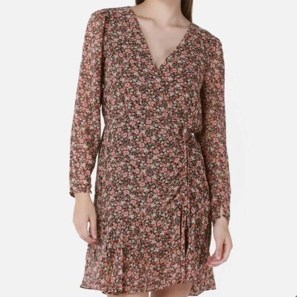 Women Dex Saffron Floral Wrap Mini Dress Ruffle Hem in Light Brown Size Medium